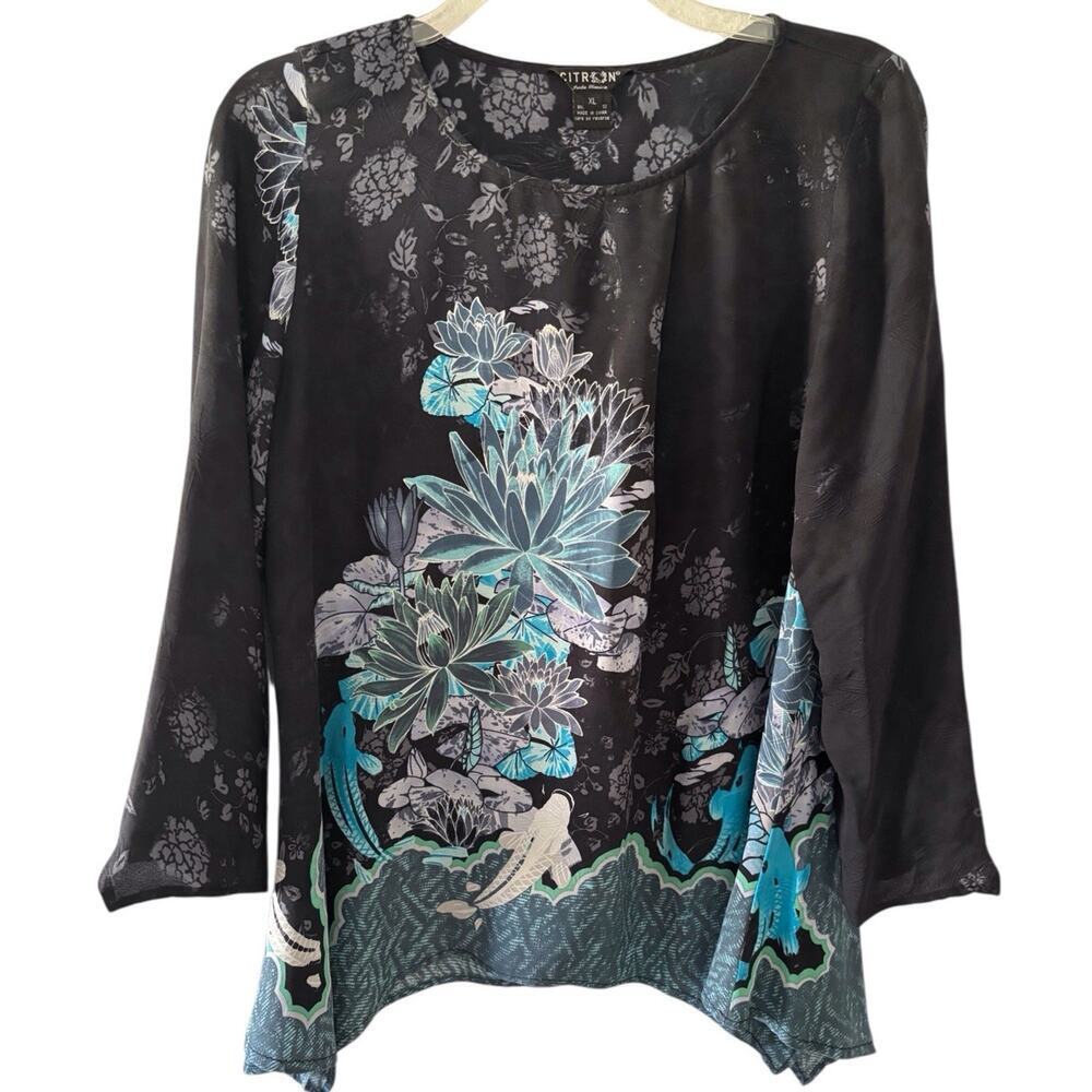 Citron Women's XL Shirt Top Teal Blue Black Flowers Tunic Boho Earthy Flowers - Picture 7 of 8